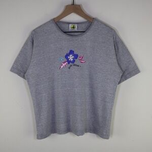 Vintage Body Glove Gray Floral Hibiscus Graphic T-Shirt Made in Canada Womens M